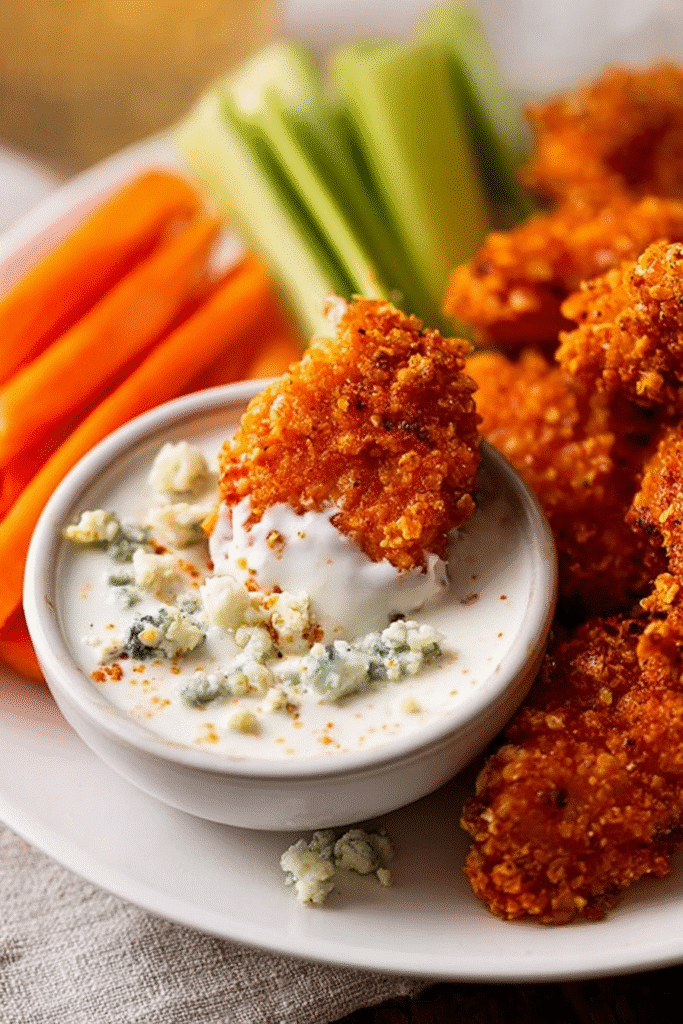 Crispy buffalo chicken tender dipped in creamy ranch dressing with carrot and celery sticks on the side.