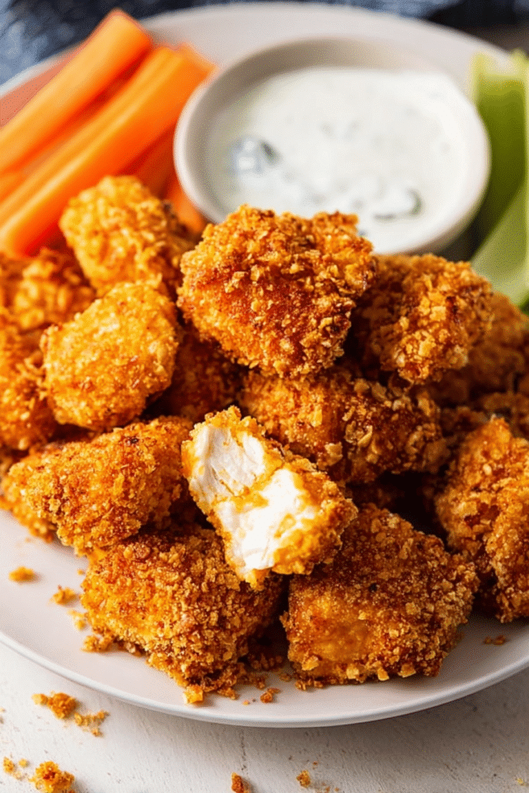 Crispy air fryer buffalo chicken bites served with ranch dip, carrot sticks, and lime for a crunchy spicy snack.
