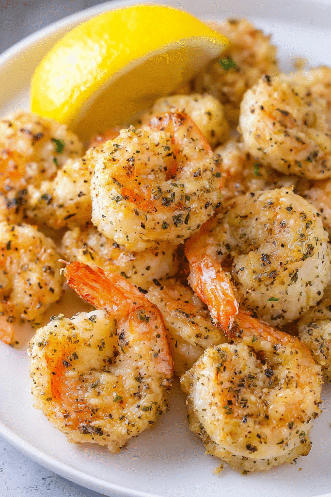 Crispy garlic parmesan shrimp cooked in the air fryer, served with lemon wedges for a quick and flavorful meal.