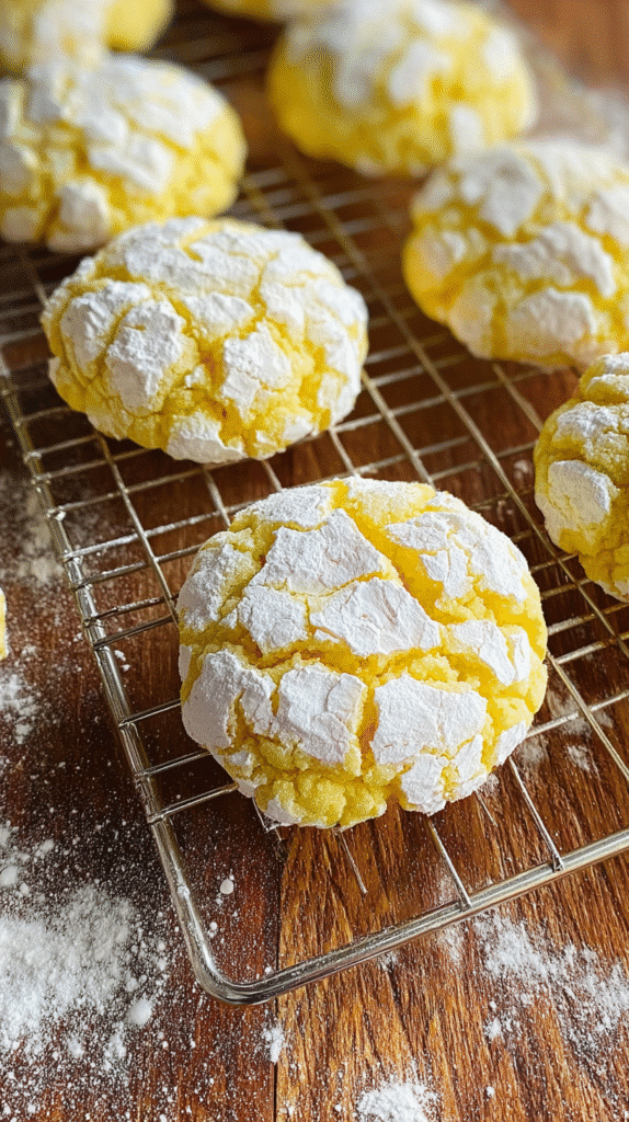 Angled close-up view of lemon crinkle cookies