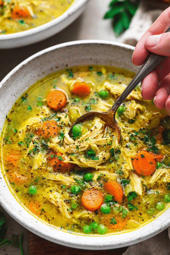 Golden turmeric chicken soup with carrots, peas, and shredded chicken served warm for a soothing, healthy meal