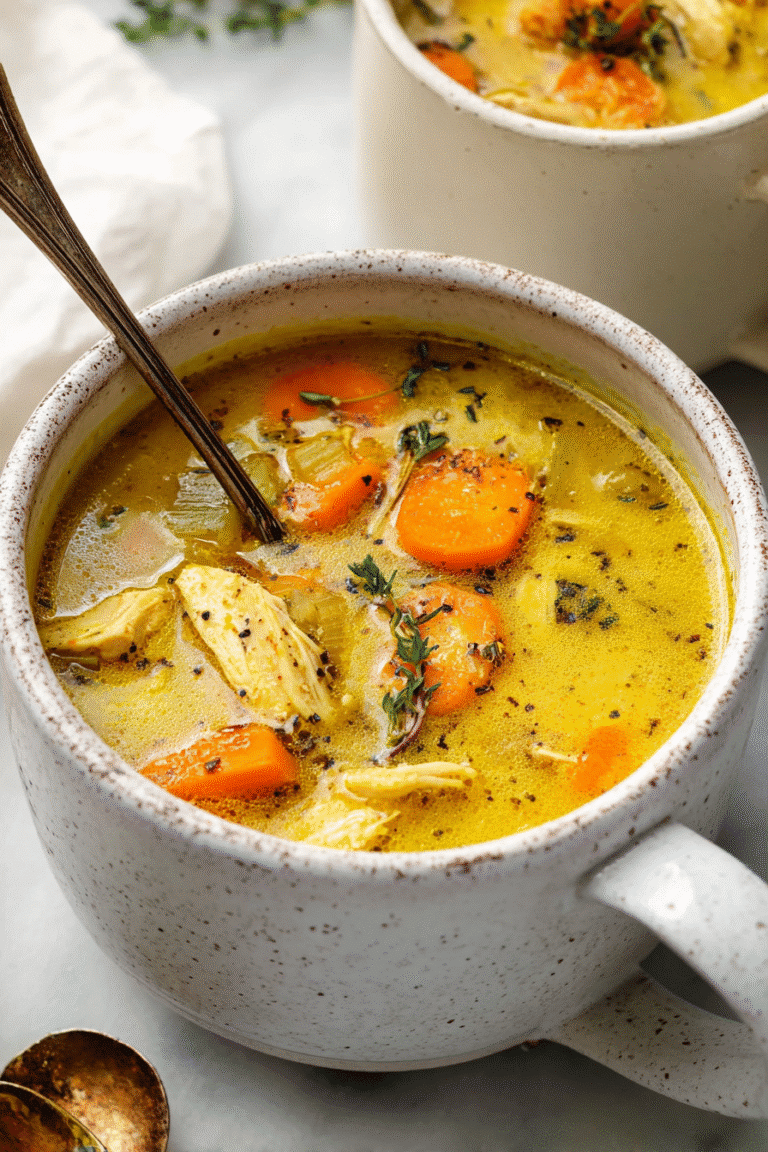 Warm turmeric chicken soup served in a rustic mug with carrots, celery, and herbs for a cozy, anti-inflammatory meal