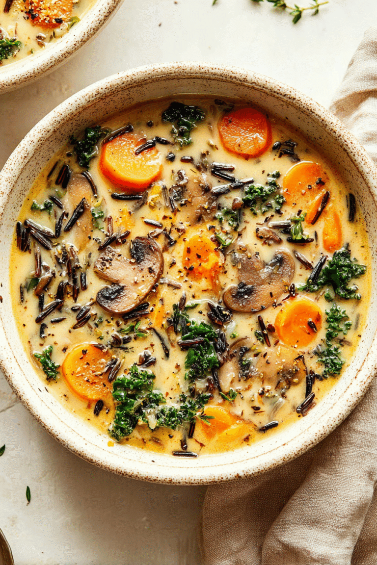 Cozy bowl of autumn wild rice soup with mushrooms, carrots, kale, and herbs in creamy broth perfect for fall nights