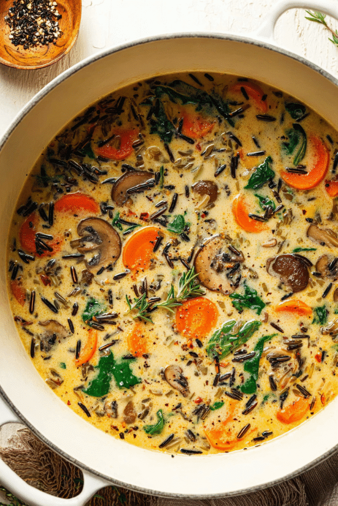 Creamy autumn wild rice soup with mushrooms, carrots, spinach, and herbs in a cozy pot, perfect for fall meals