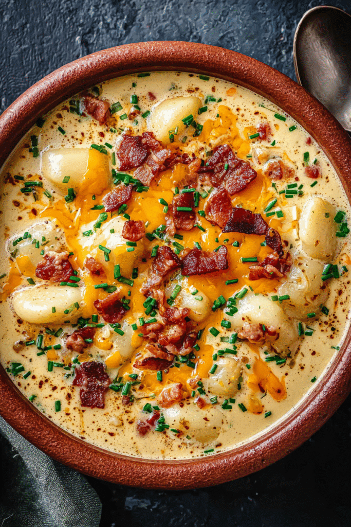 Creamy bacon cheddar gnocchi soup topped with melted cheese, crispy bacon, and fresh chives for the ultimate comfort meal