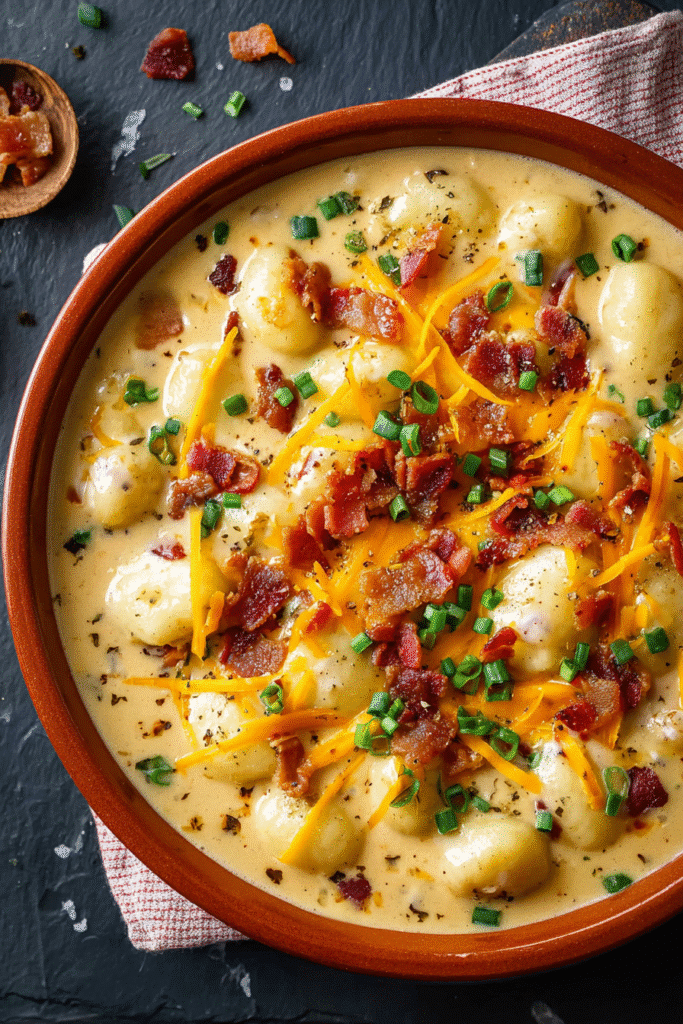 Rich bacon cheddar gnocchi soup with creamy sauce, melted cheese, crispy bacon, and green onions for cozy comfort
