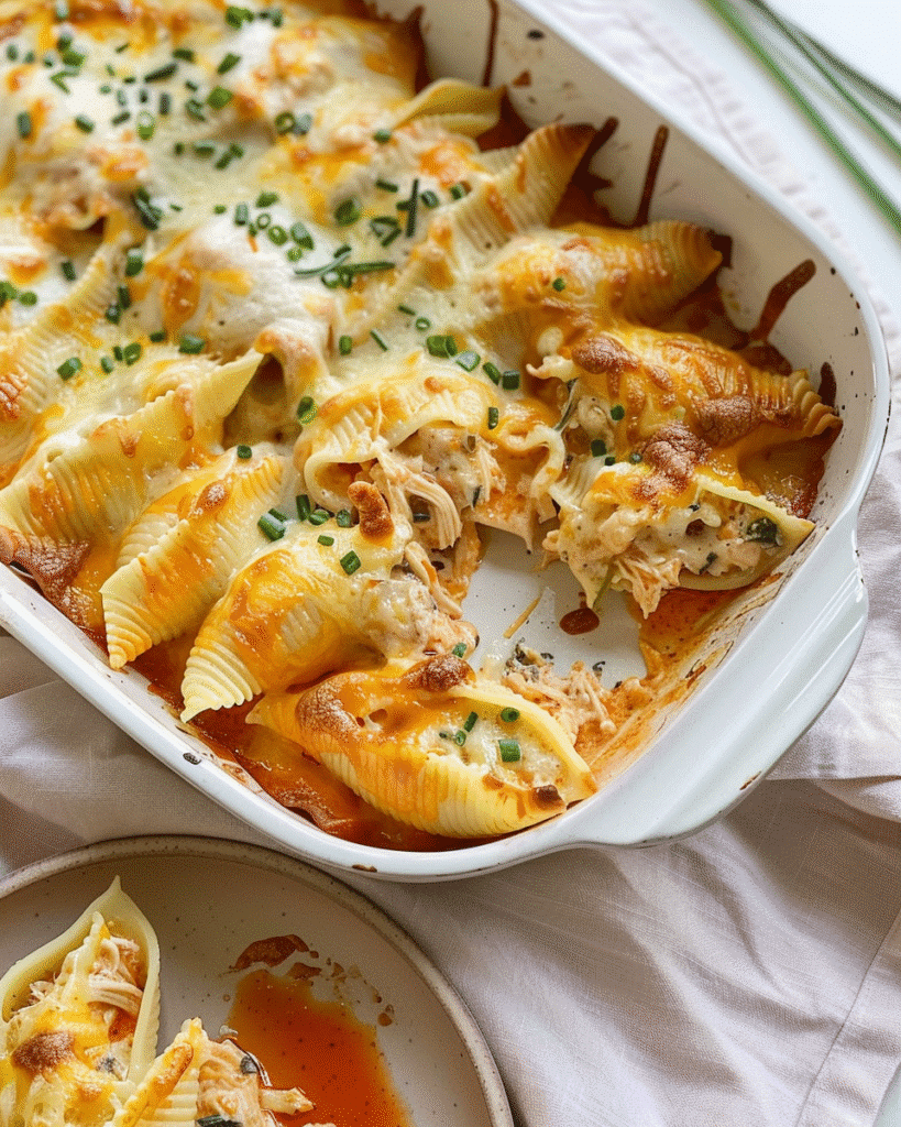 Baked buffalo chicken stuffed shells covered in melted cheese, creamy sauce, and garnished with fresh chives