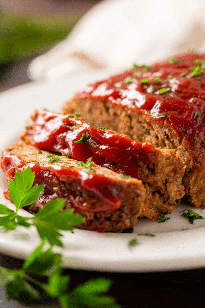 Juicy meatloaf topped with rich ketchup glaze and herbs, sliced and served for a classic American comfort meal