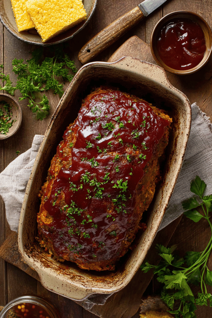 Classic meatloaf baked with tangy ketchup glaze, topped with parsley for a juicy and flavorful homemade dinner