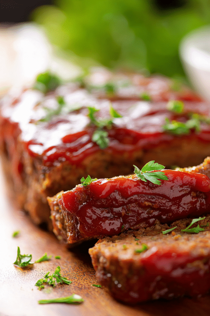 Juicy classic meatloaf topped with sweet tangy glaze and herbs, baked to perfection for a hearty comforting dinner