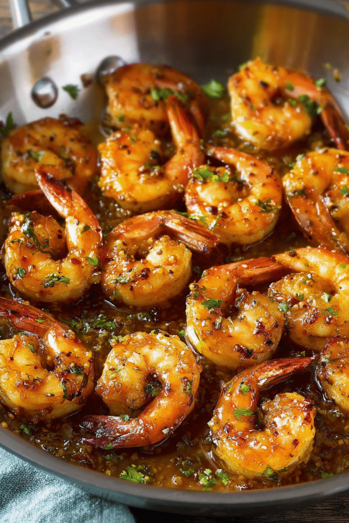 Juicy shrimp marinated in garlic, herbs, and olive oil, sizzling in a skillet for a flavorful and easy seafood dish.