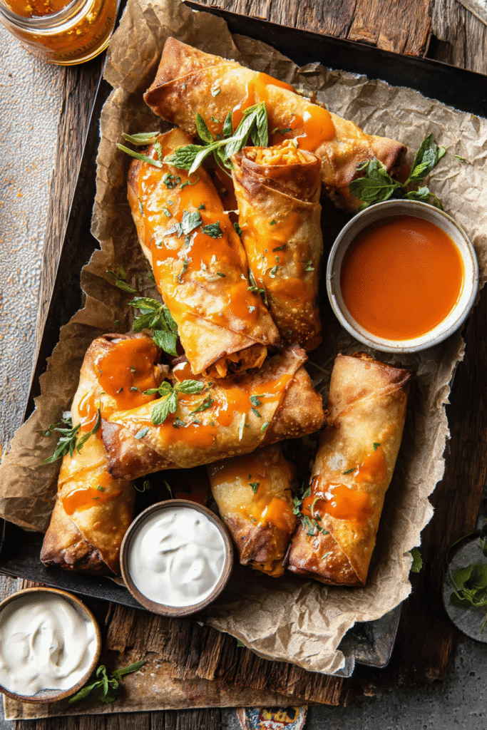 Crispy buffalo chicken egg rolls topped with sauce and herbs, served with ranch and spicy dip for extra flavor.