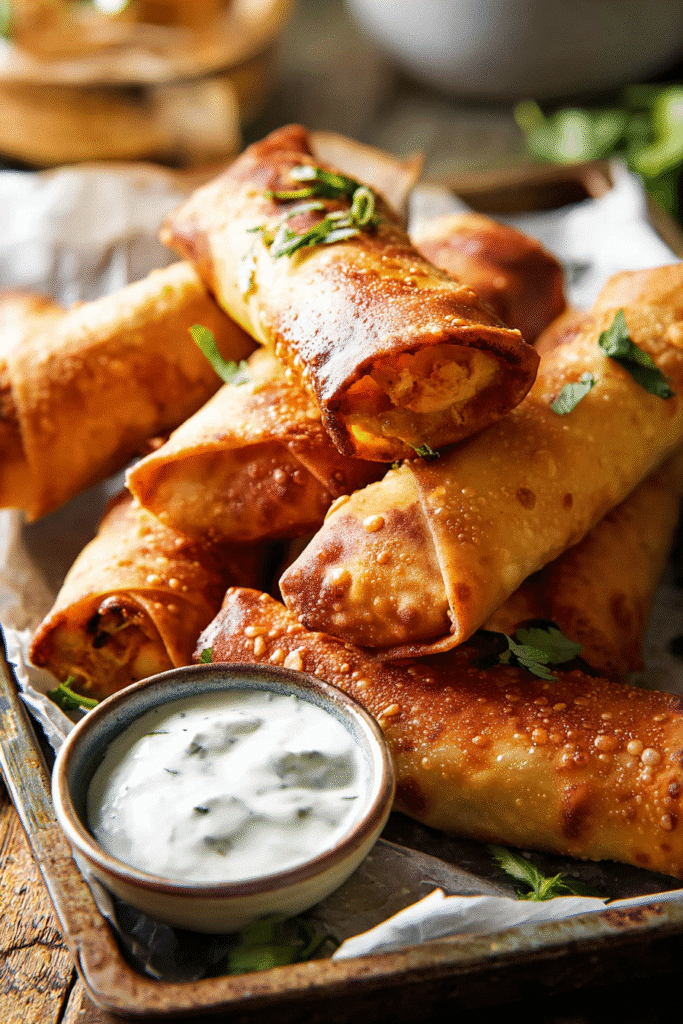 Golden buffalo chicken egg rolls served hot with creamy ranch dip, crispy shells, and tender spicy filling inside.