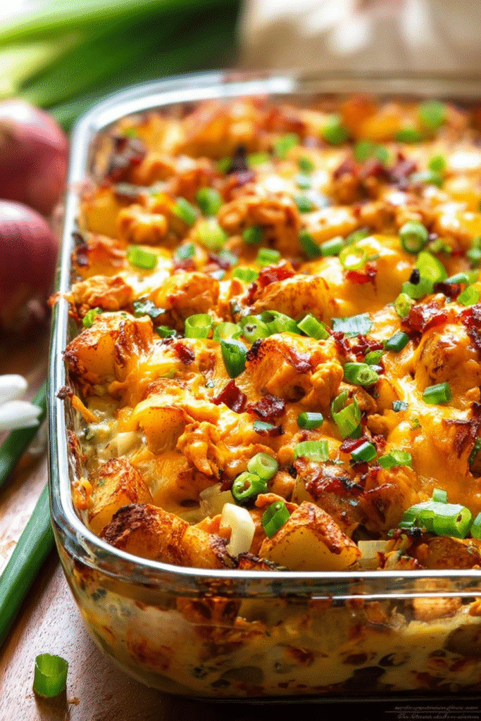 Cheesy buffalo chicken roasted potato bake topped with green onions, crispy edges, and golden melted cheese.