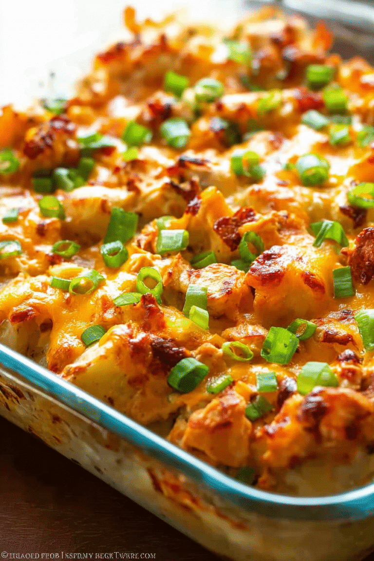 Golden buffalo chicken roasted potato bake with melted cheese and fresh green onions for a crispy, creamy finish.