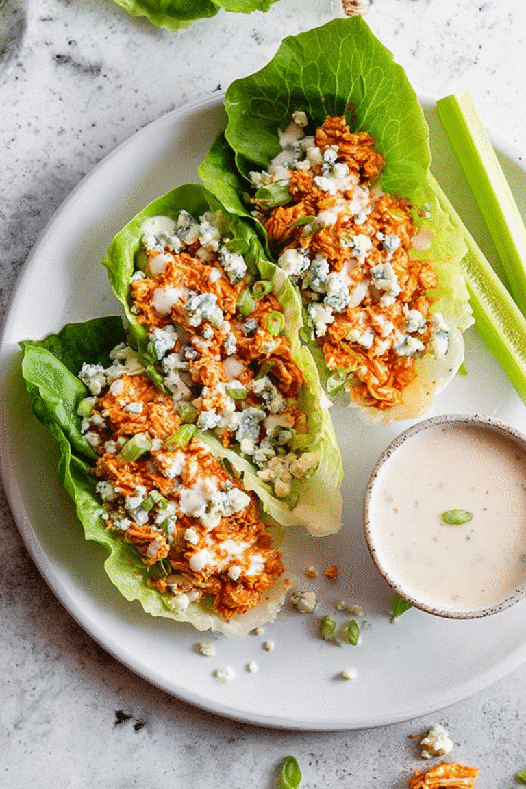 Crisp lettuce wraps filled with spicy buffalo chicken, creamy dressing, and blue cheese for a tangy fresh bite.