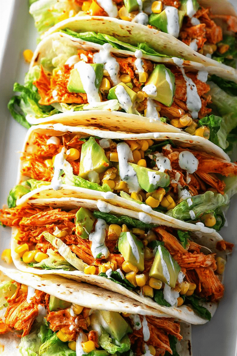 Soft tacos filled with spicy buffalo chicken, creamy dressing, avocado, and corn for a flavorful and colorful meal.