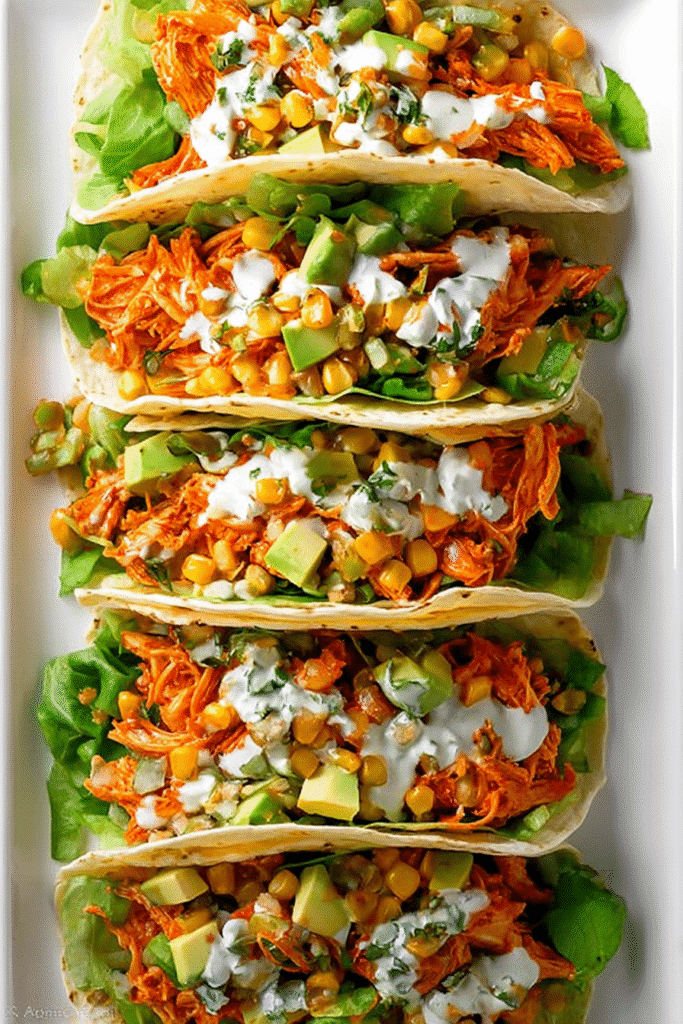 Buffalo chicken tacos filled with shredded chicken, avocado, corn, lettuce, and creamy dressing for a spicy fresh bite.