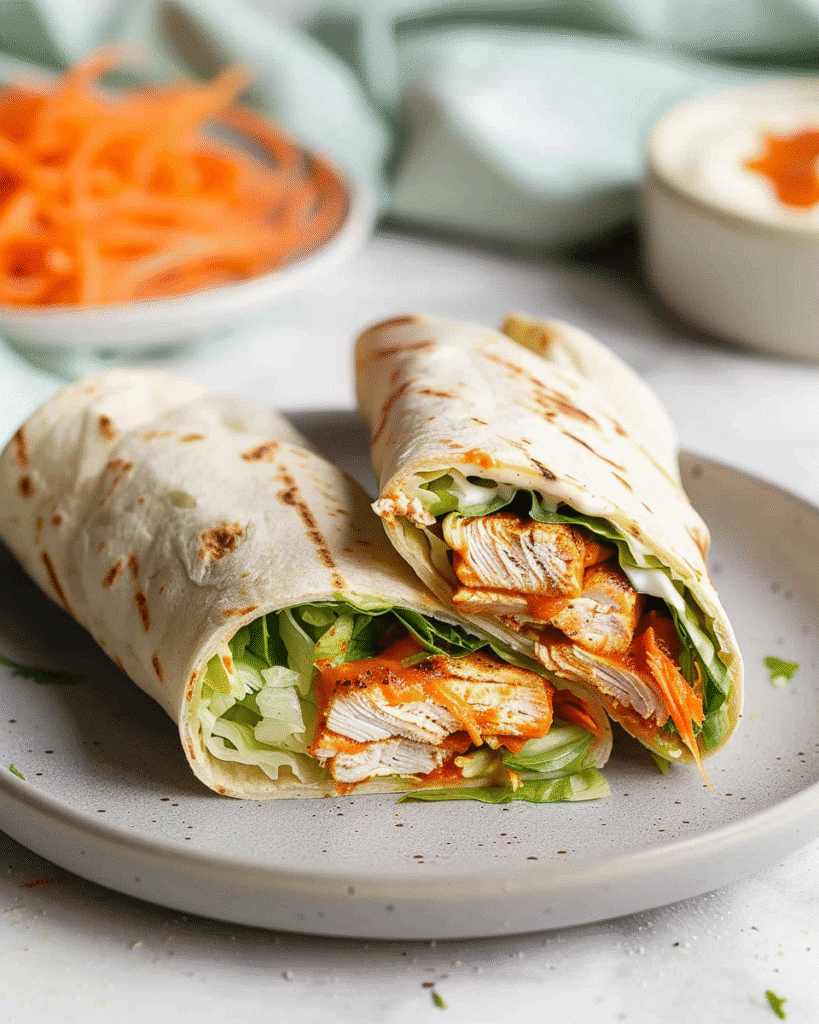Buffalo chicken wraps filled with juicy grilled chicken, lettuce, and spicy buffalo sauce served in soft tortillas