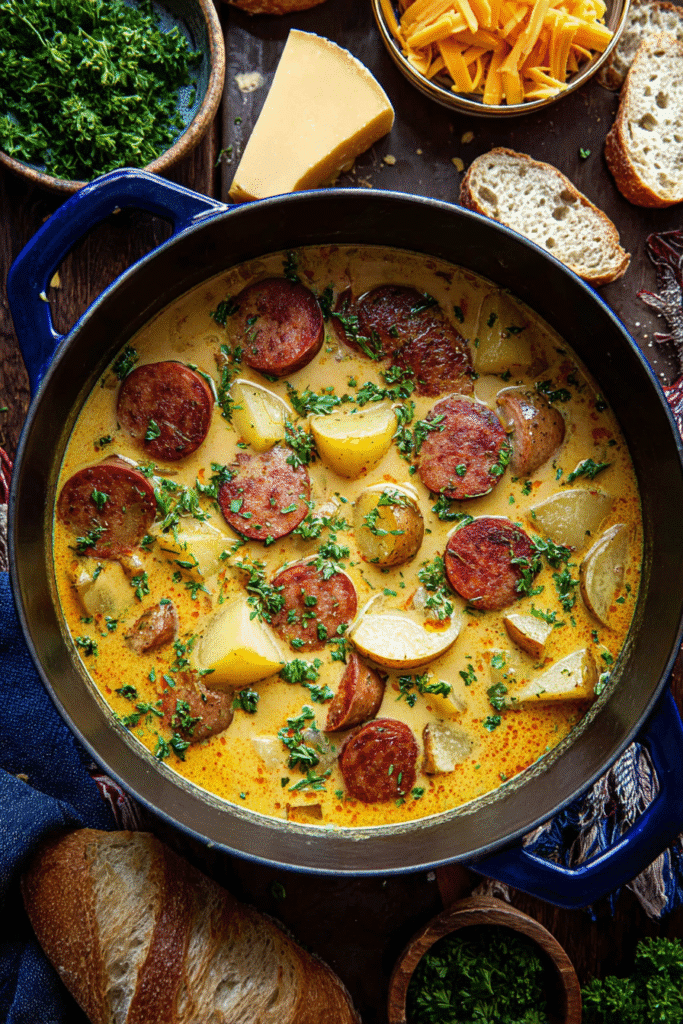 Cajun potato soup with sausage, potatoes, and herbs simmering in creamy broth served in a blue pot with bread and cheese