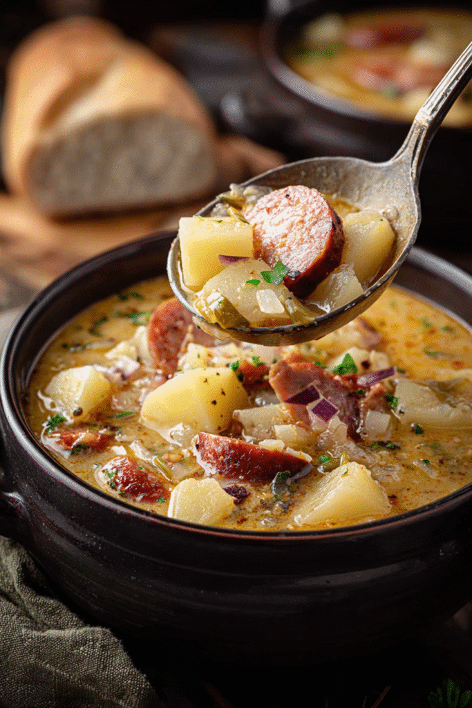Hearty Cajun potato soup with sausage, onions, and herbs in a bowl with a spoonful lifted, served with rustic bread