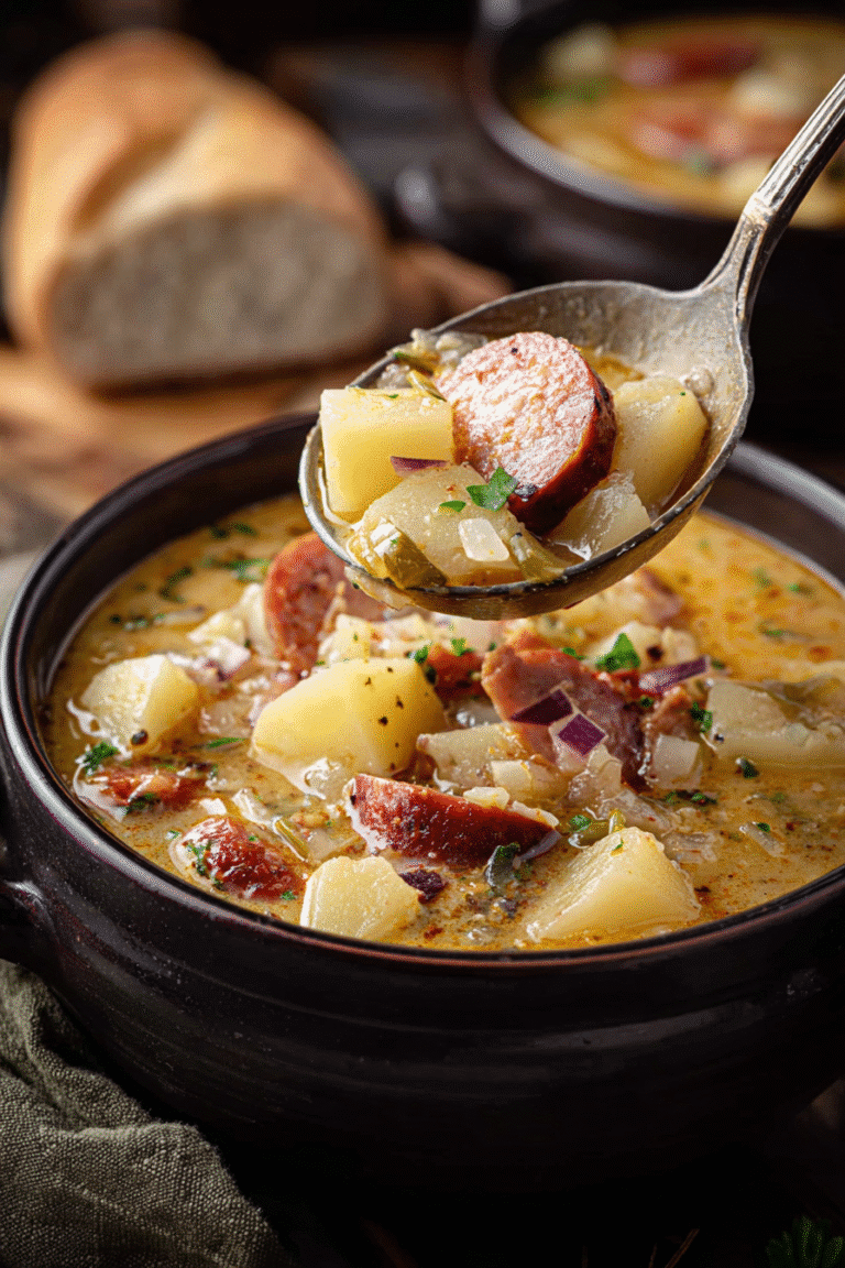 Hearty Cajun potato soup with sausage, onions, and herbs in a bowl with a spoonful lifted, served with rustic bread