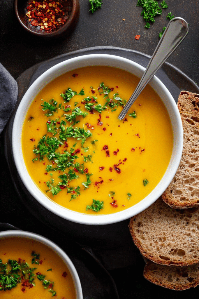 Creamy carrot potato soup garnished with parsley and chili flakes, served with slices of crusty bread on the side