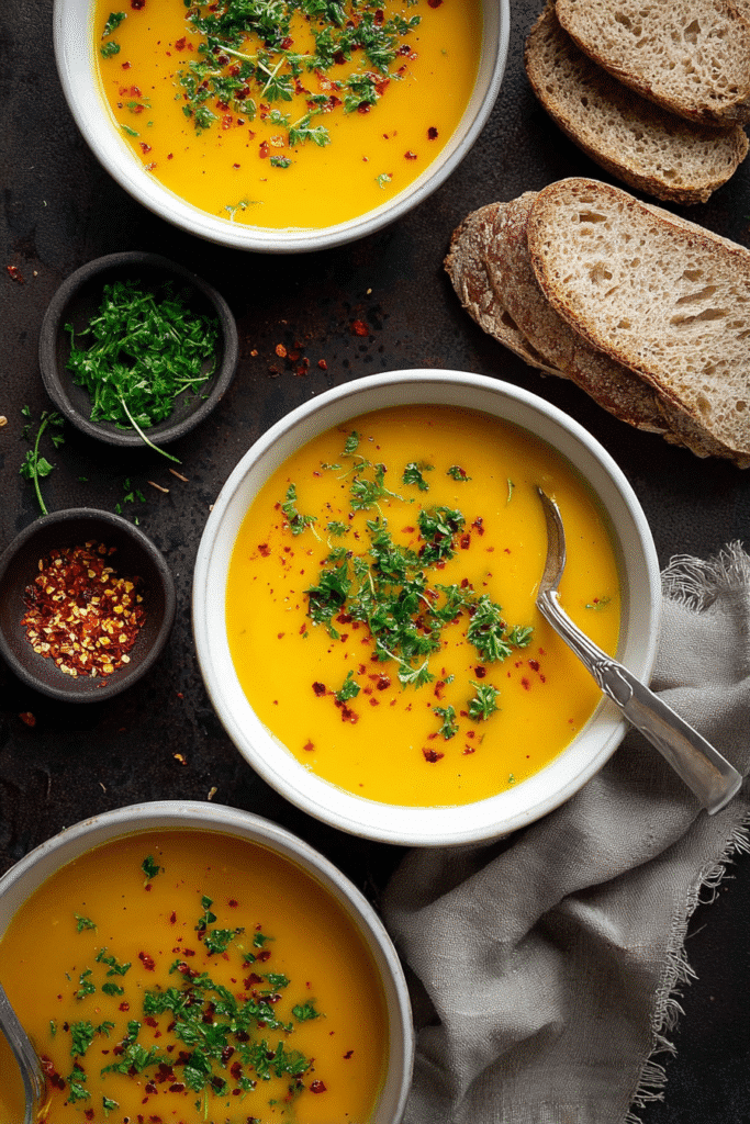 Bowls of creamy carrot potato soup topped with parsley and chili flakes, served with slices of rustic brown bread