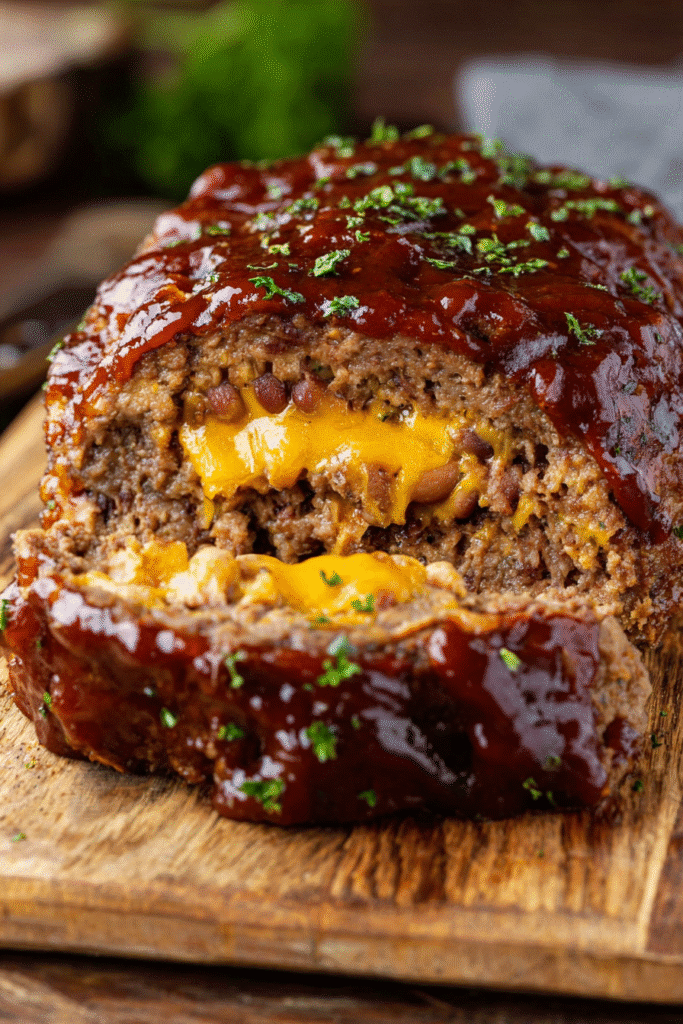 Cheese-stuffed classic meatloaf topped with tangy glaze, baked until juicy and golden for a flavorful comfort dinner