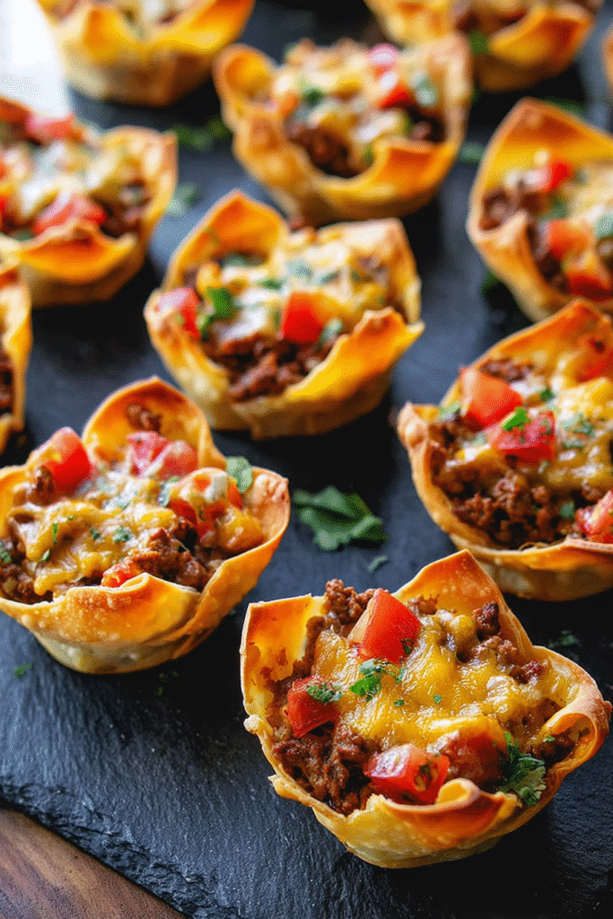 Mini crispy taco cups filled with seasoned ground beef, melted cheese, diced tomatoes, and herbs on a dark serving board