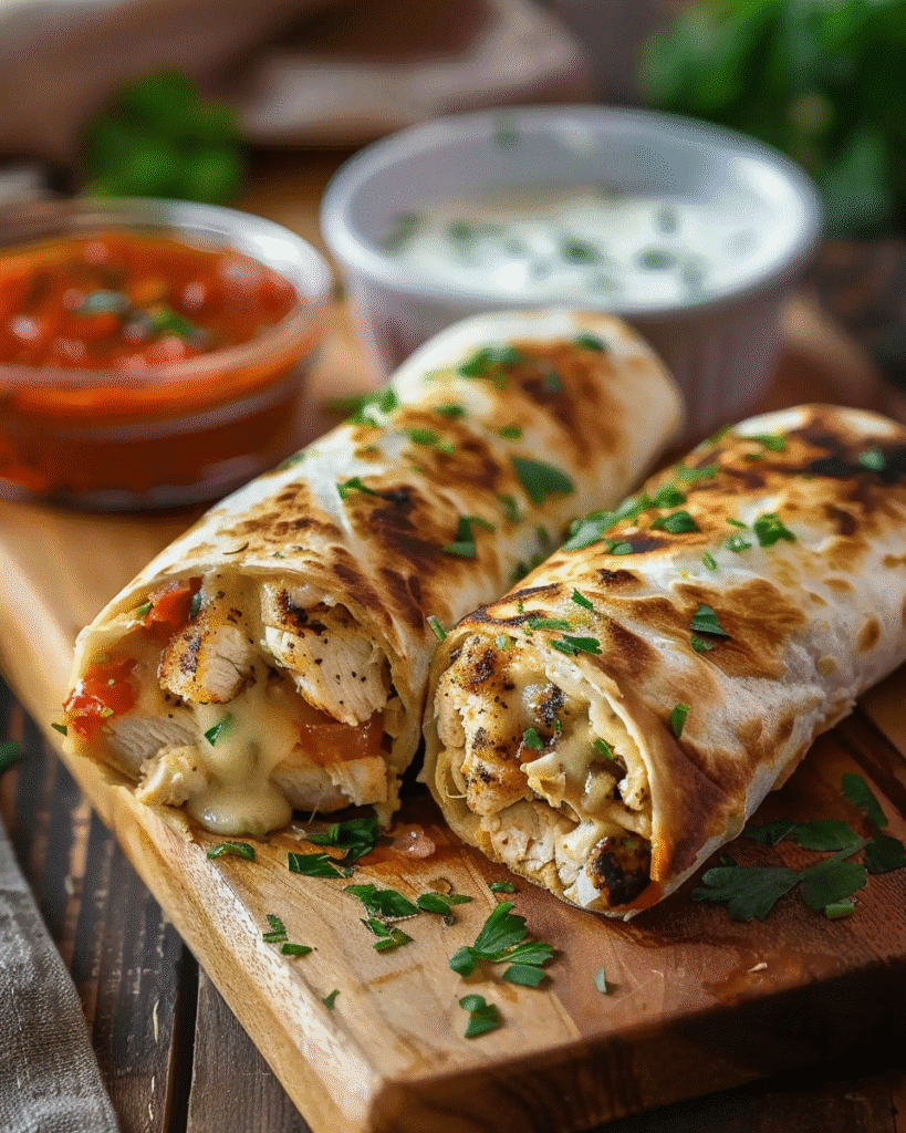 Grilled cheesy chicken wraps stuffed with garlic sauce, juicy chicken, and melted cheese served with dipping sauces