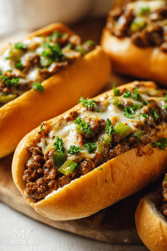 Toasted rolls filled with cheesy ground beef and green peppers, topped with melted cheese and fresh parsley