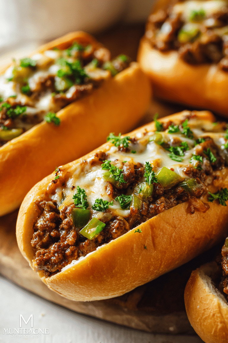 Toasted rolls filled with cheesy ground beef and green peppers, topped with melted cheese and fresh parsley