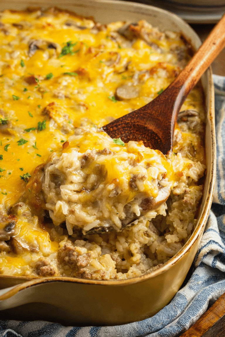 Creamy cheesy hamburger rice casserole with ground beef, mushrooms, and melted cheddar scooped from a baking dish