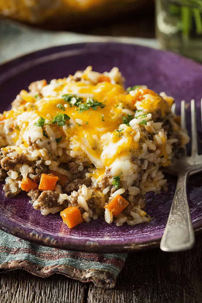 Cheesy hamburger rice casserole with ground beef, carrots, and melted cheddar on a plate, hearty and comforting meal