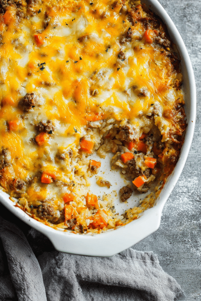 Cheesy hamburger rice casserole baked in a dish with ground beef, carrots, and melted cheese, hearty and golden brown
