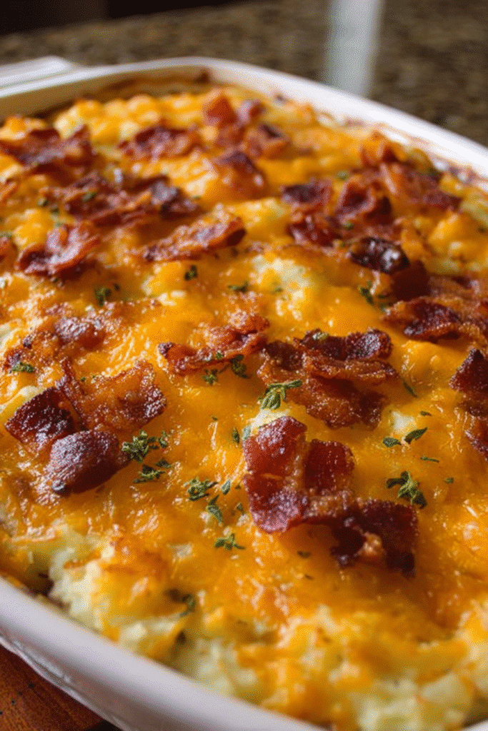 Creamy cheesy meatloaf casserole topped with melted cheddar and herbs baked in a white dish for the perfect comfort meal
