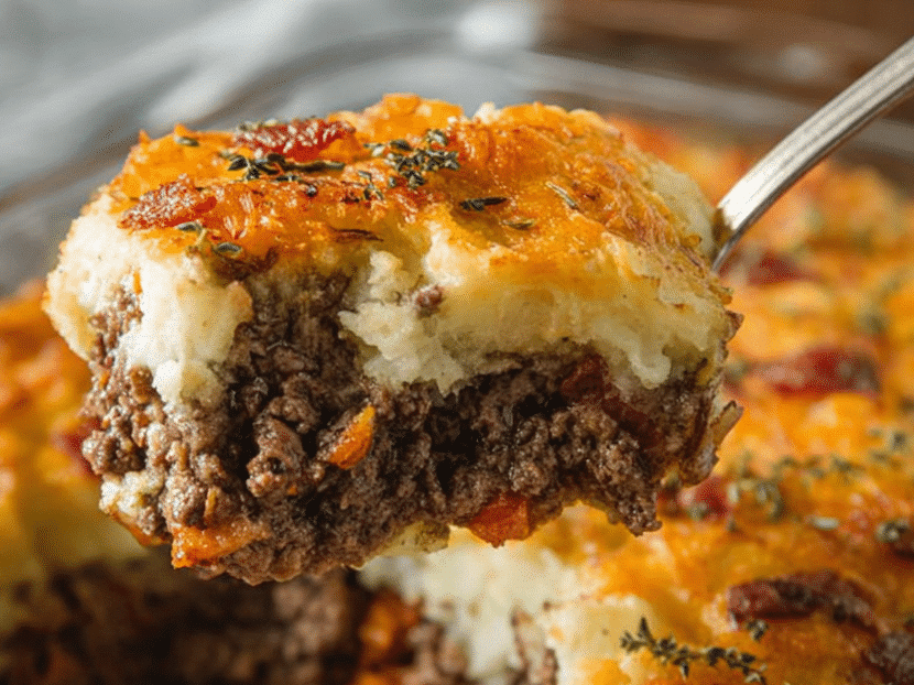 Golden cheesy meatloaf casserole topped with melted cheddar and crispy bits, baked to perfection in a glass dish