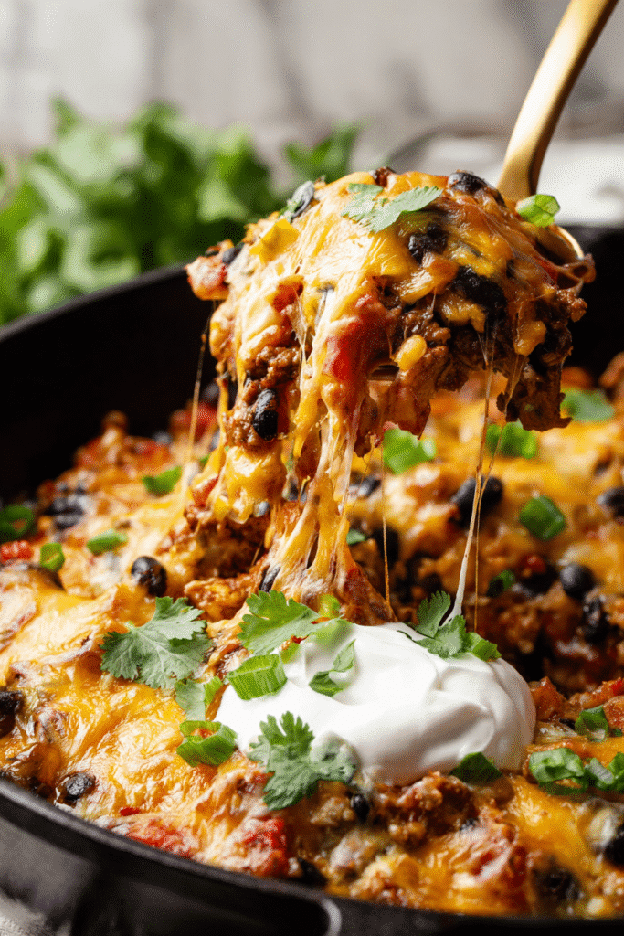 Cheesy one pan beef taco skillet with black beans, melted cheese, sour cream, and fresh cilantro lifted from a skillet