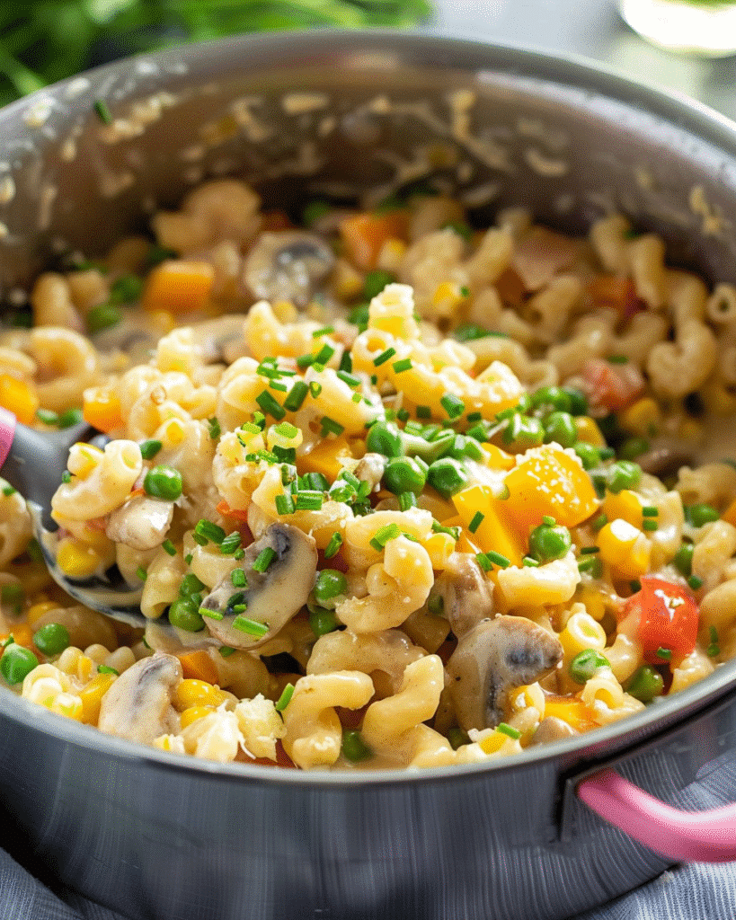 Cheesy pasta with mushrooms, peas, corn, and bell peppers in a creamy sauce, cooked together in one pot