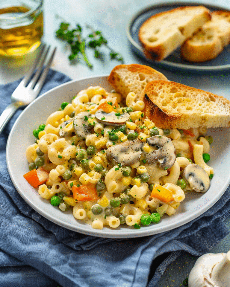 Creamy vegetarian pasta with mushrooms, peas, carrots, and cheese, served with toasted bread on a white plate