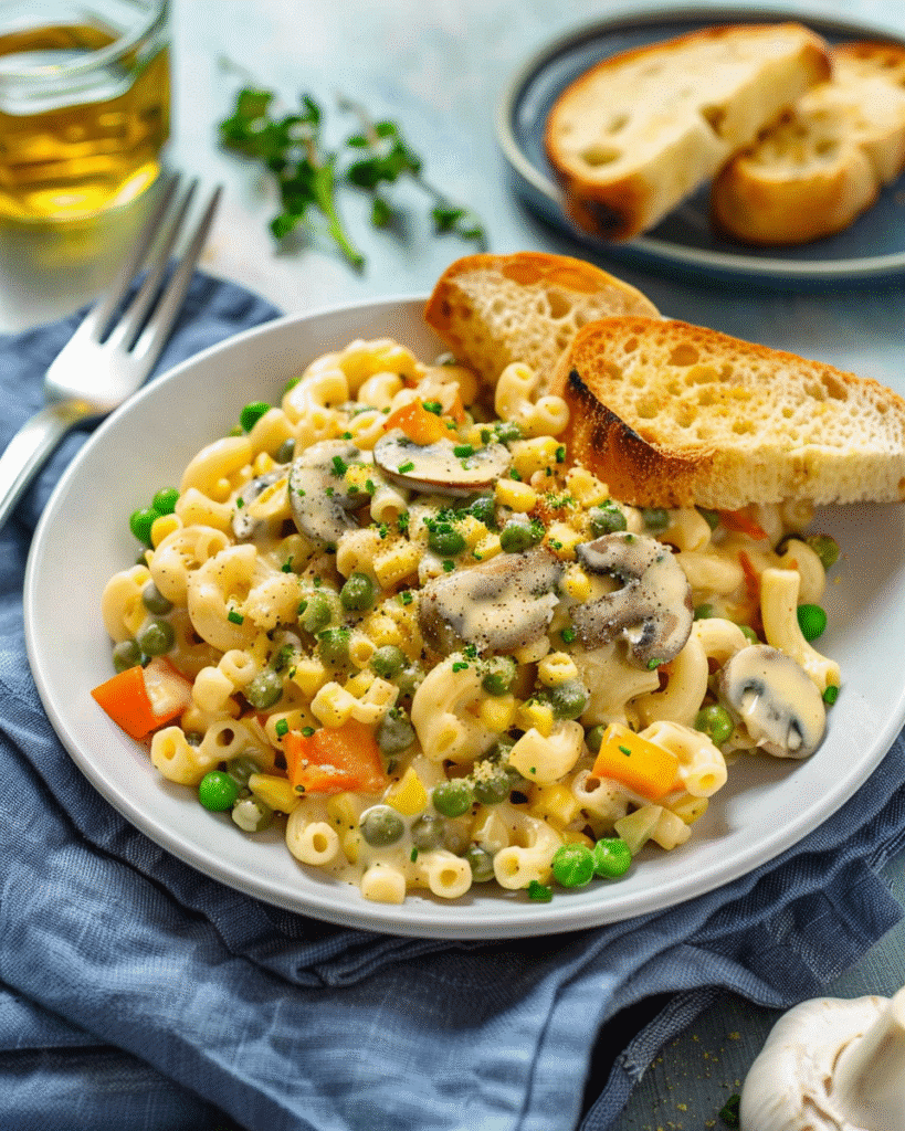 Creamy vegetarian pasta with mushrooms, peas, carrots, and cheese, served with toasted bread on a white plate