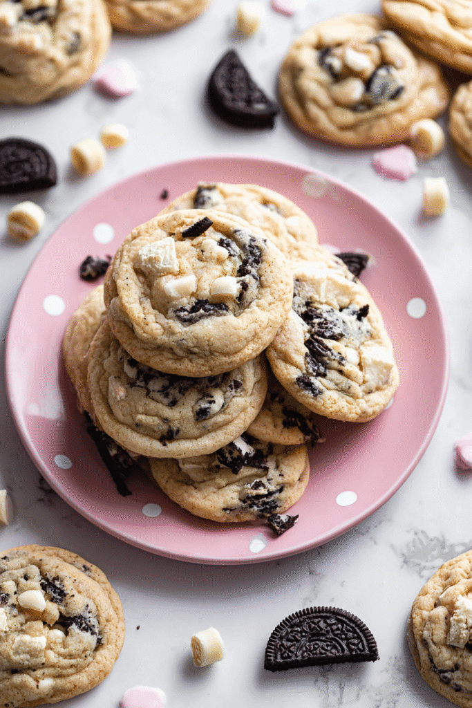 Chewy cookies and cream cookies with Oreo chunks and white chocolate pieces stacked on a pink plate with a marble background