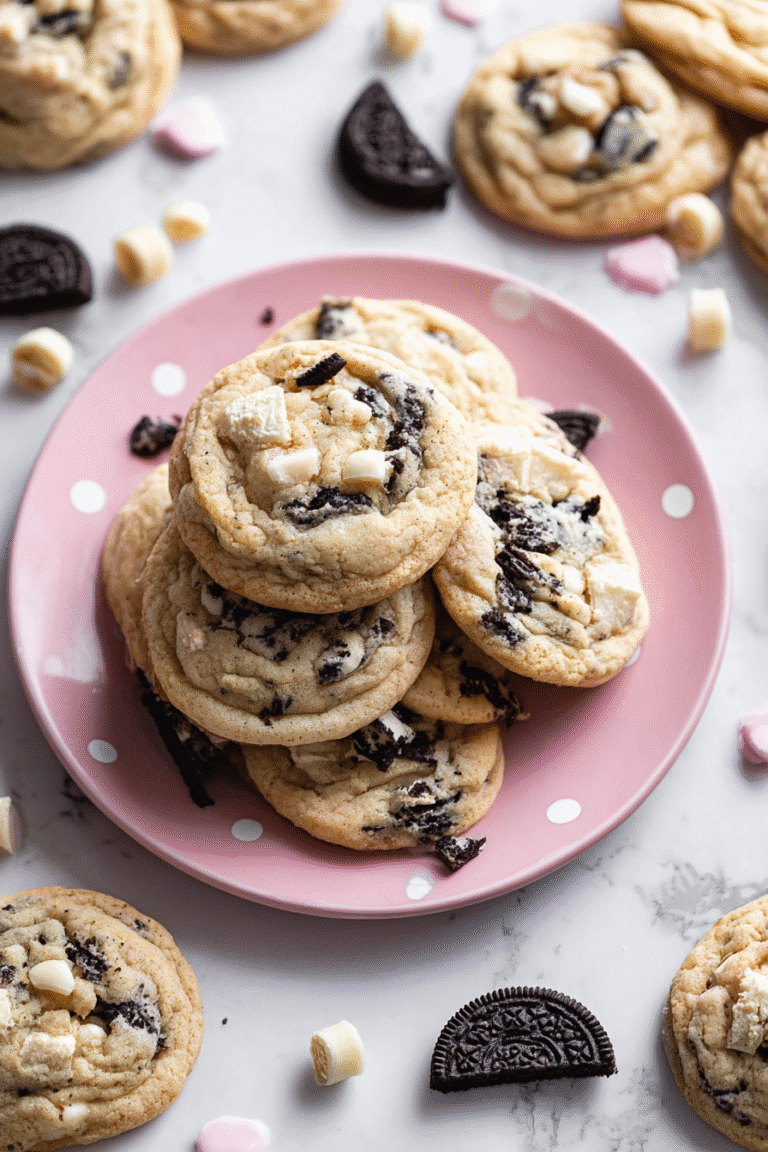 Chewy cookies and cream cookies with Oreo chunks and white chocolate pieces stacked on a pink plate with a marble background