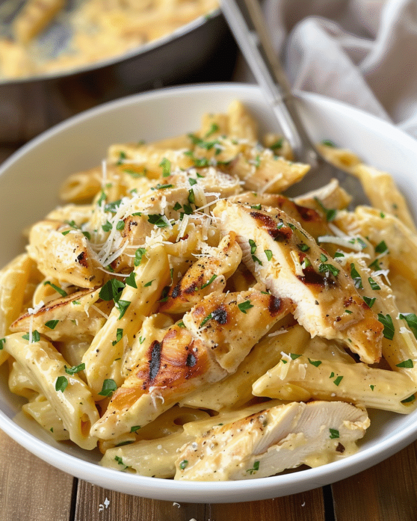 Creamy garlic parmesan pasta topped with juicy grilled chicken and parsley, served in a white bowl for a cozy meal