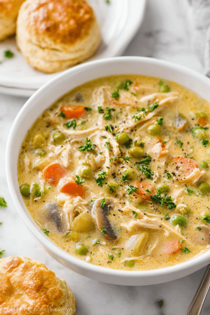 Creamy chicken pot pie soup with carrots, peas, and tender chicken, served in a bowl with flaky golden biscuits