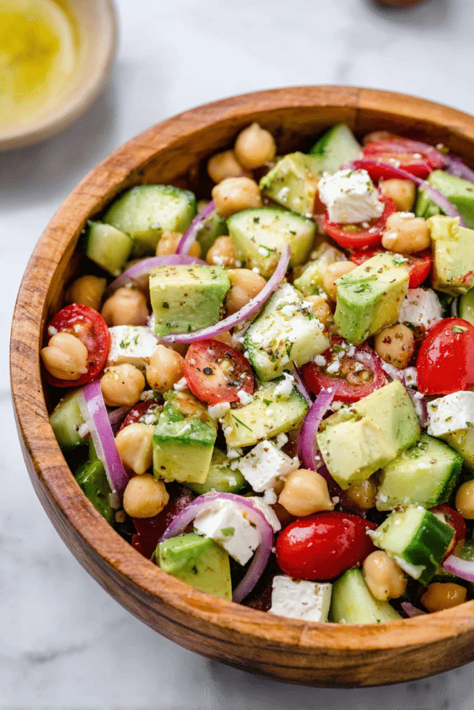 Colorful chickpea feta avocado salad with cucumber, cherry tomatoes, and red onion in a wooden bowl with dressing