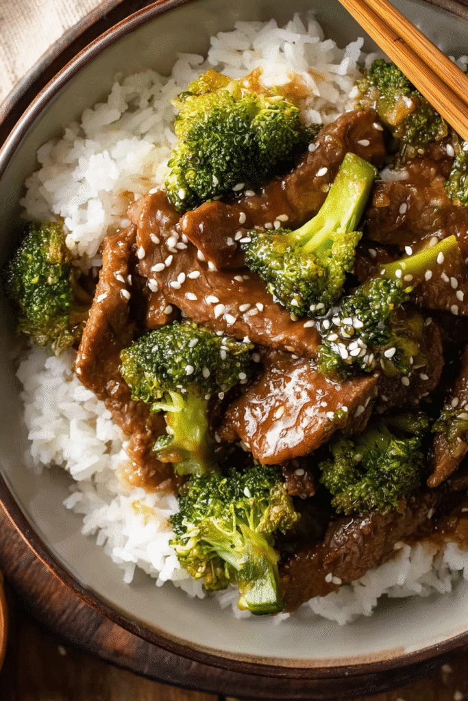 Tender beef and broccoli served over steamed rice, coated in rich soy garlic sauce, and topped with sesame seeds.