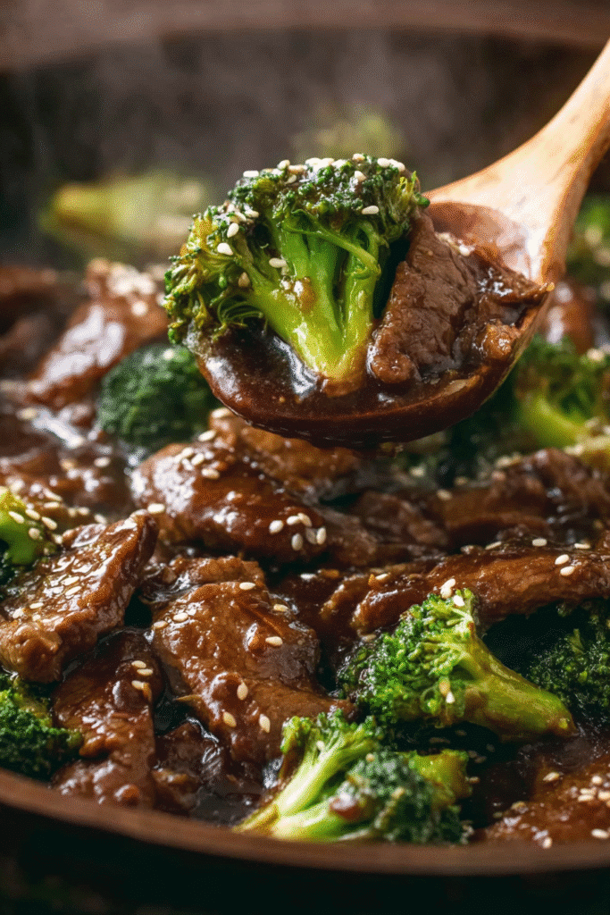 Tender beef and fresh broccoli coated in savory soy garlic sauce, garnished with sesame seeds for a rich Chinese flavor.