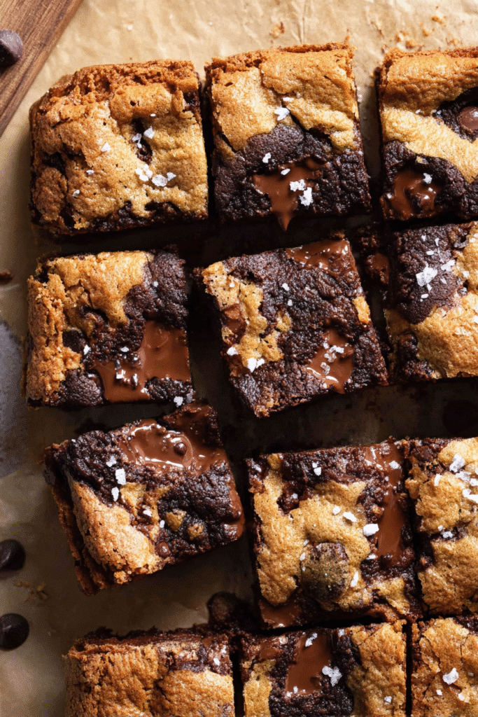 Fudgy chocolate chip cookie brownies with melted chocolate chunks and sea salt on top, cut into perfect squares